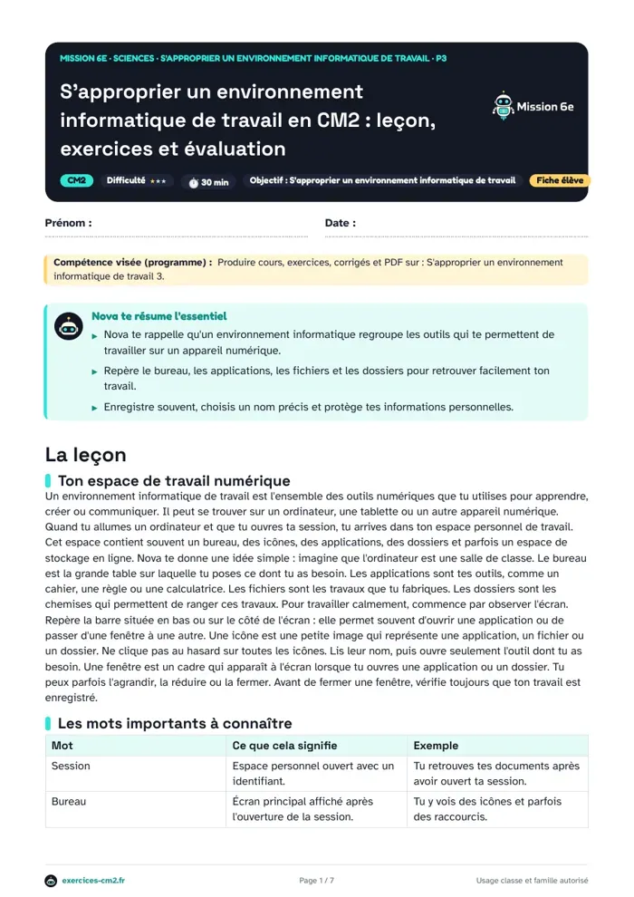 Aperçu du PDF à imprimer : S'approprier un environnement informatique de travail en CM2 : leçon, exercices et évaluation