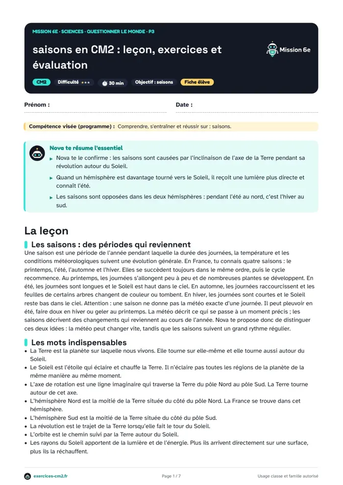 Aperçu du PDF à imprimer : Saisons en CM2 : leçon, exercices et évaluation