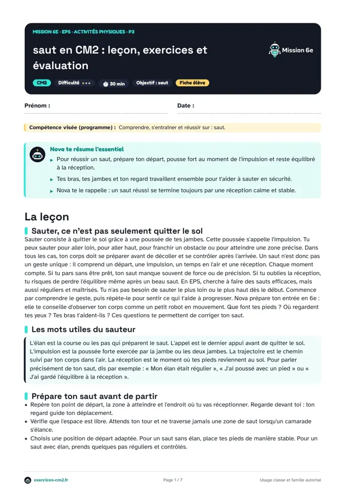 Aperçu du PDF à imprimer : Saut en CM2 : leçon, exercices et évaluation