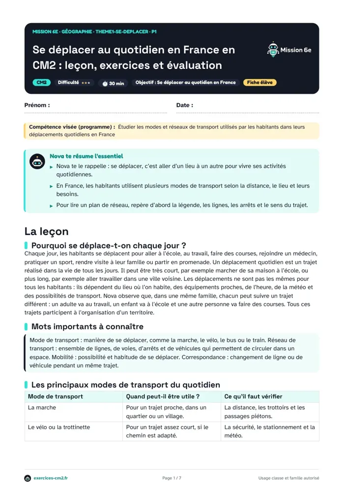 Aperçu du PDF à imprimer : Se déplacer au quotidien en France en CM2 : leçon, exercices et évaluation