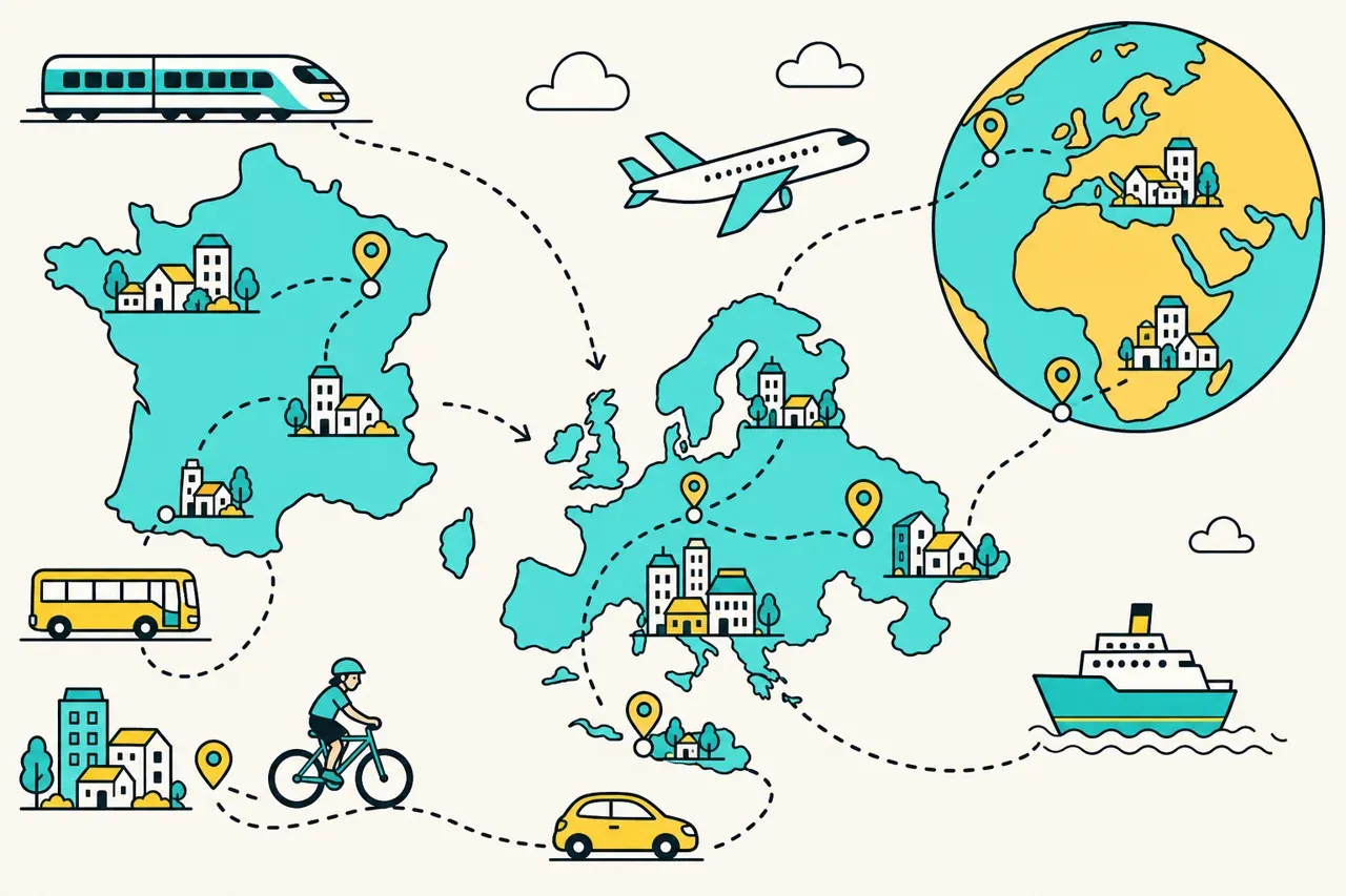 Se déplacer de ville en ville, en France, en Europe et dans le monde — illustration Mission 6e
