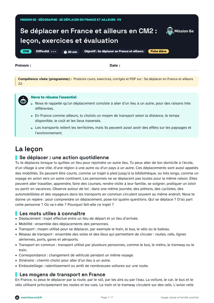 Aperçu du PDF à imprimer : Se déplacer en France et ailleurs en CM2 : leçon, exercices et évaluation