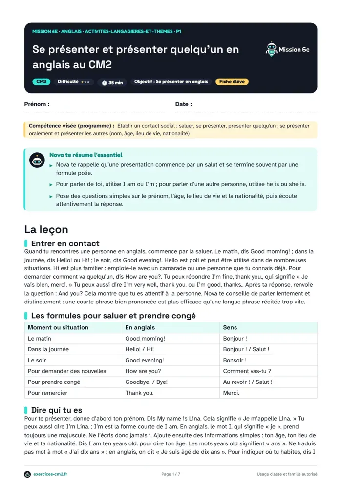 Aperçu du PDF à imprimer : Se présenter et présenter quelqu’un en anglais au CM2