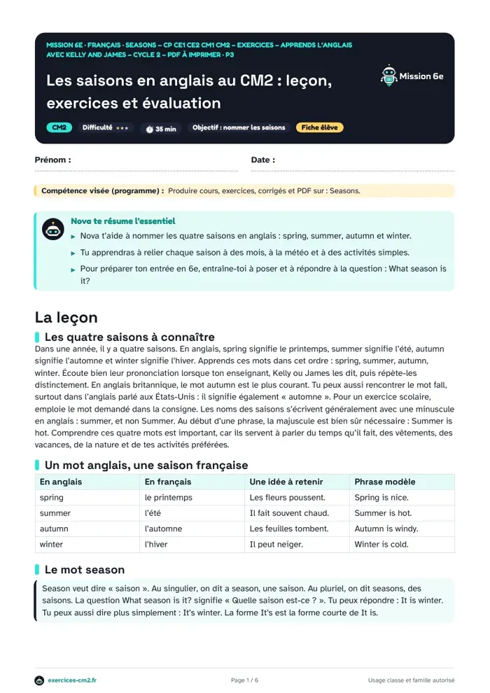 Aperçu du PDF à imprimer : Les saisons en anglais au CM2 : leçon, exercices et évaluation