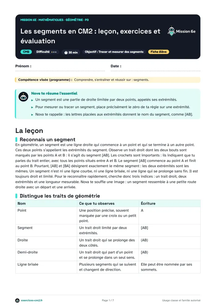 Aperçu du PDF à imprimer : Les segments en CM2 : leçon, exercices et évaluation