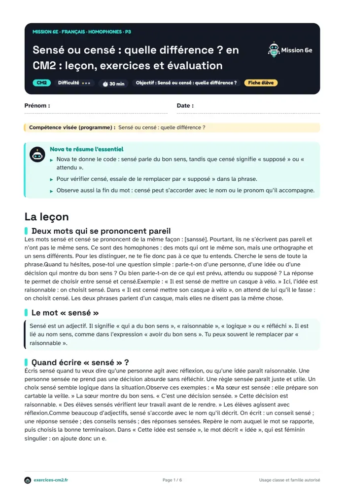 Aperçu du PDF à imprimer : Sensé ou censé en CM2 : quelle différence ? Leçon, exercices et évaluation