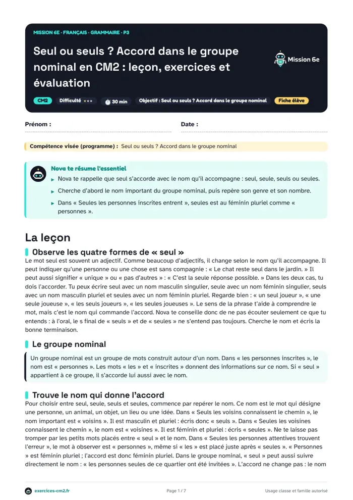 Aperçu du PDF à imprimer : Seul ou seuls ? Accord dans le groupe nominal en CM2 : leçon, exercices et évaluation