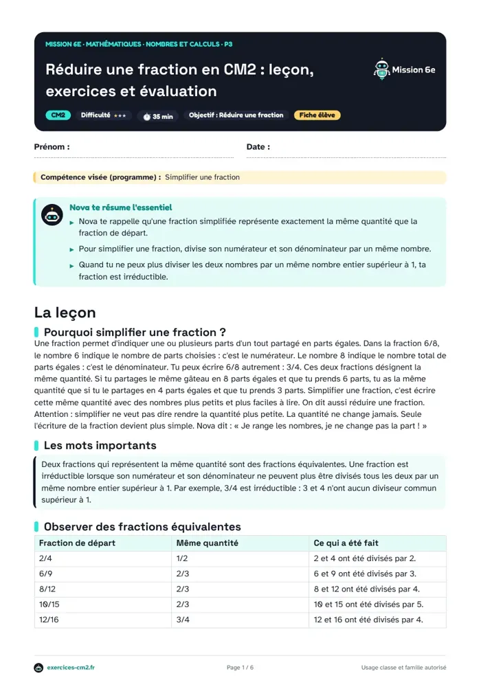 Aperçu du PDF à imprimer : Réduire une fraction en CM2 : leçon, exercices et évaluation