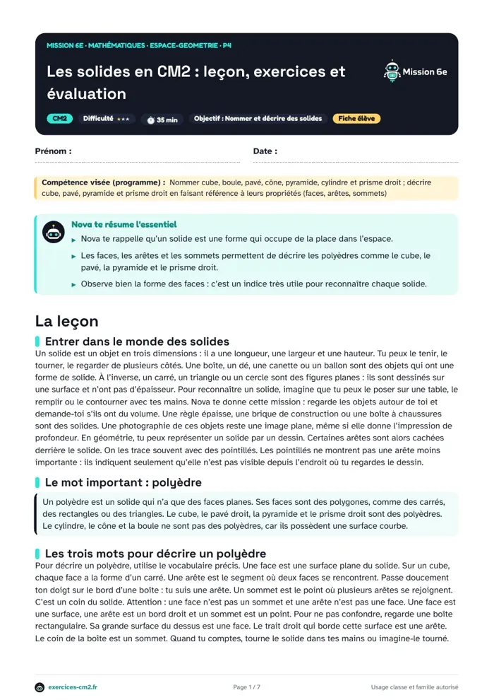 Aperçu du PDF à imprimer : Les solides en CM2 : leçon, exercices et évaluation