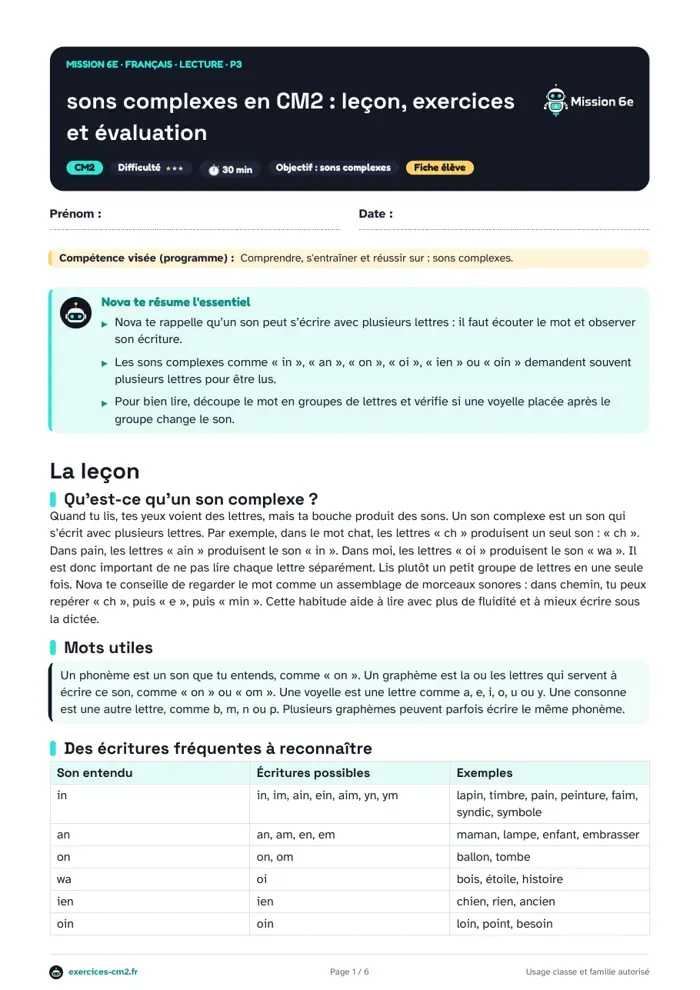 Aperçu du PDF à imprimer : Sons complexes en CM2 : leçon, exercices et évaluation
