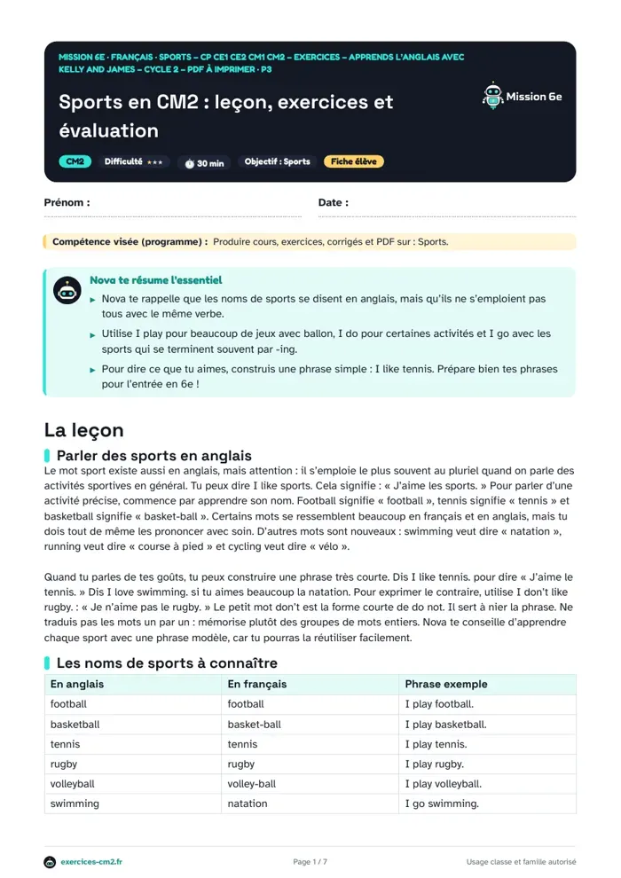Aperçu du PDF à imprimer : Sports en CM2 : leçon, exercices et évaluation