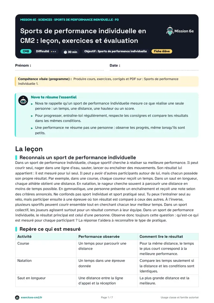 Aperçu du PDF à imprimer : Sports de performance individuelle en CM2 : leçon, exercices et évaluation