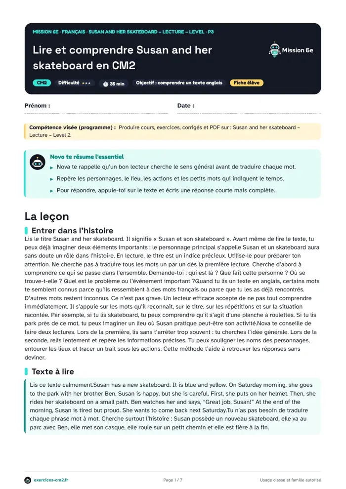 Aperçu du PDF à imprimer : Lire et comprendre Susan and her skateboard en CM2