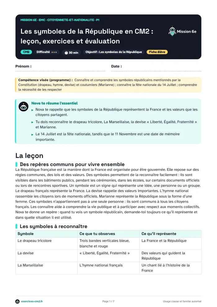 Aperçu du PDF à imprimer : Les symboles de la République en CM2 : leçon, exercices et évaluation