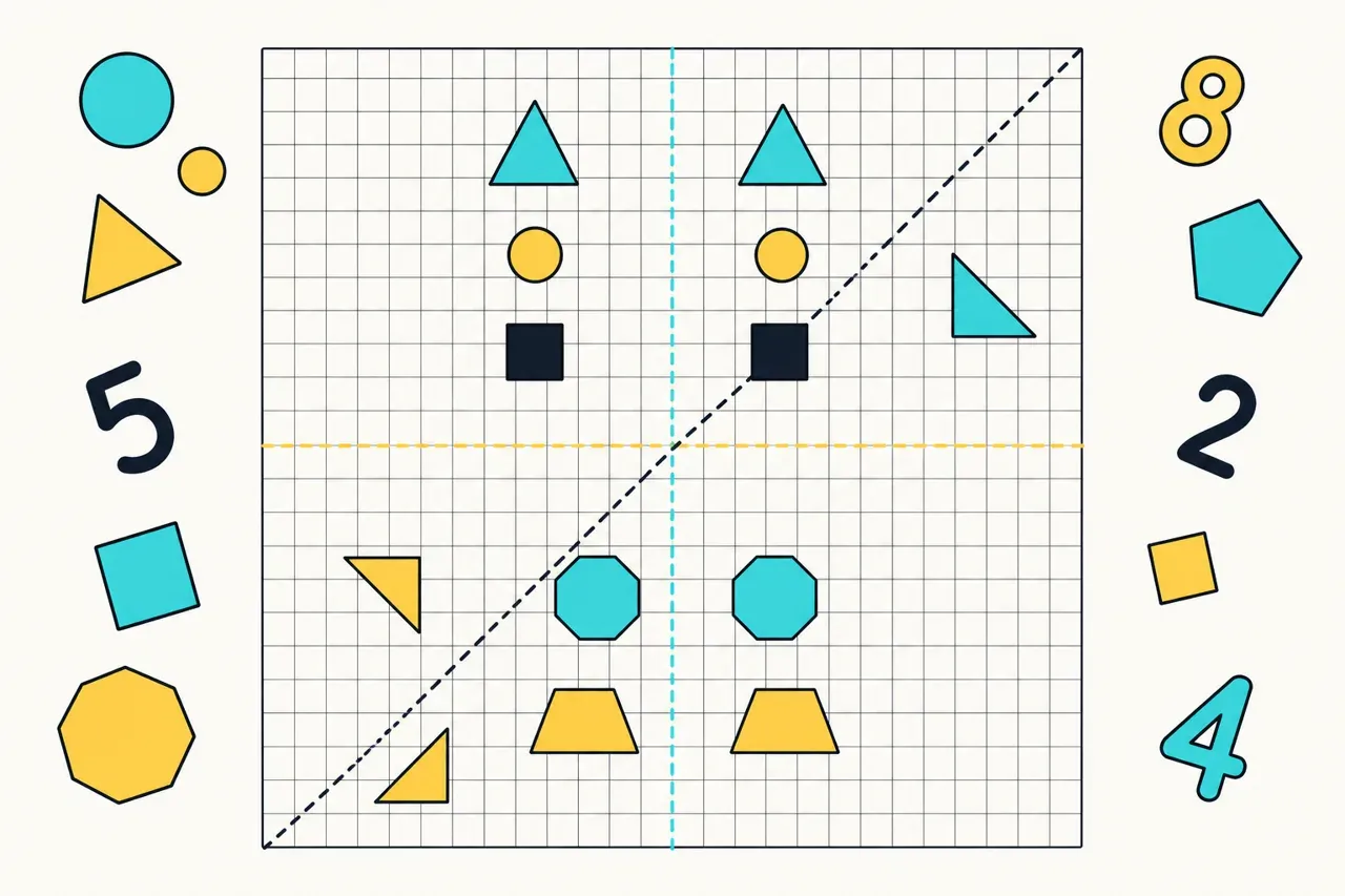 Symétrie axiale sur quadrillage (axes vertical, horizontal, diagonal), illustration Mission 6e