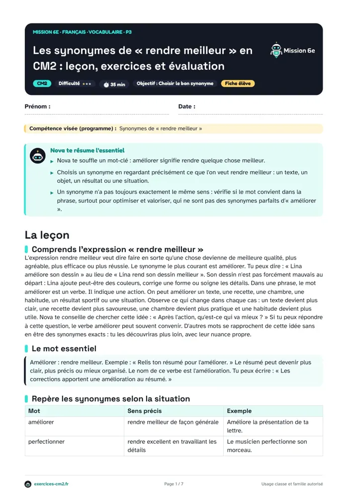 Aperçu du PDF à imprimer : Les synonymes de « rendre meilleur » en CM2 : leçon, exercices et évaluation