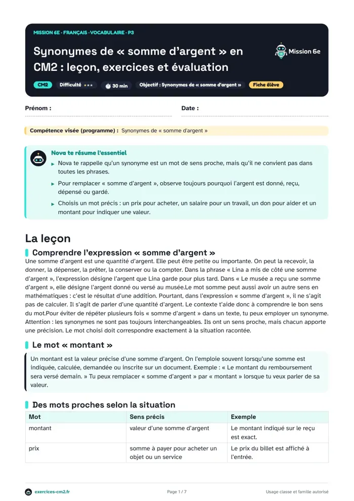 Aperçu du PDF à imprimer : Synonymes de « somme d'argent » en CM2 : leçon, exercices et évaluation