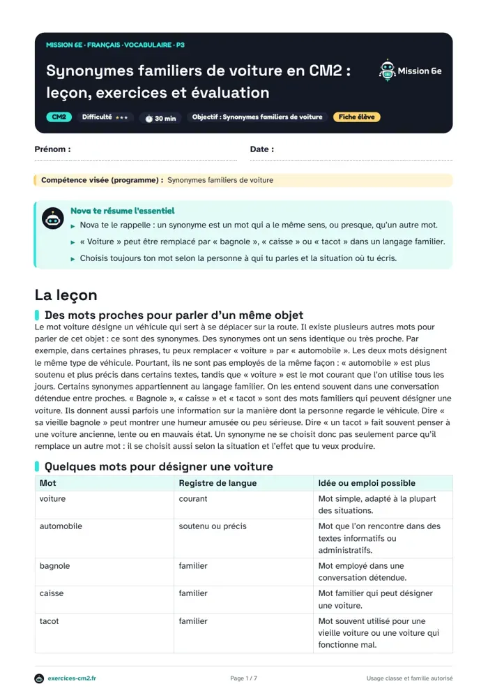 Aperçu du PDF à imprimer : Synonymes familiers de voiture en CM2 : leçon, exercices et évaluation