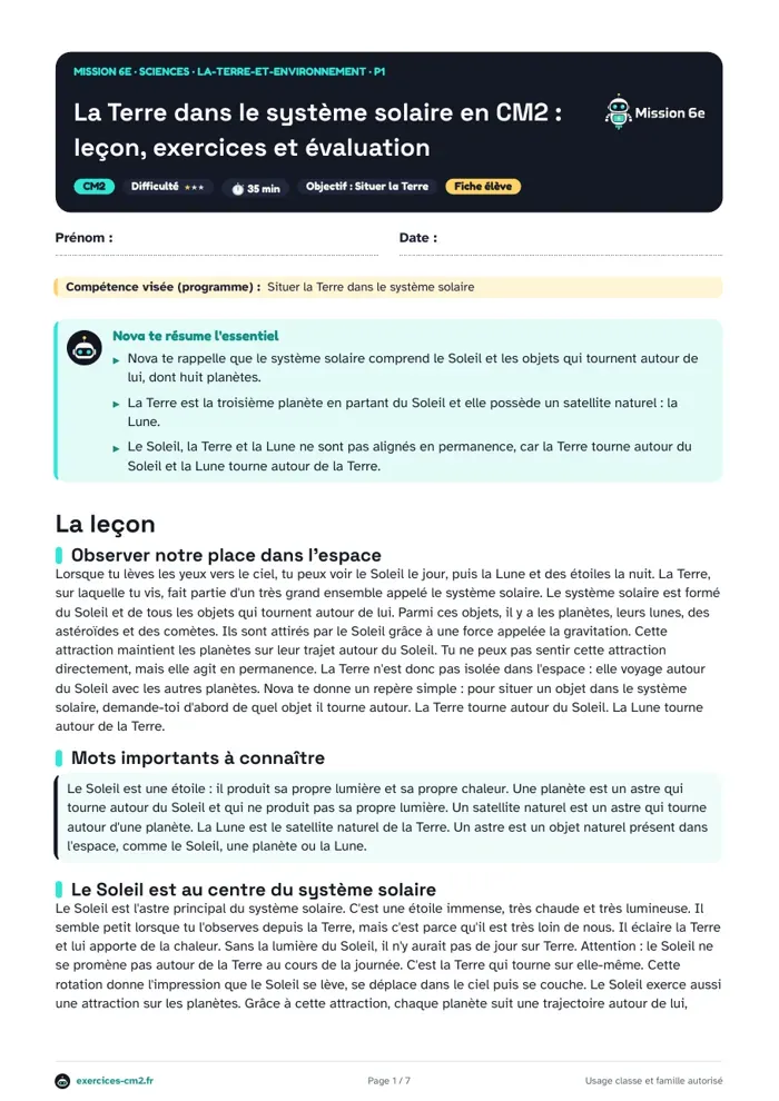 Aperçu du PDF à imprimer : La Terre dans le système solaire en CM2 : leçon, exercices et évaluation