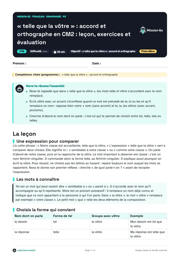 Aperçu du PDF à imprimer : « telle que la vôtre », accord et orthographe en CM2 : leçon, exercices et évaluation