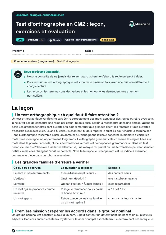 Aperçu du PDF à imprimer : Test d’orthographe en CM2 : leçon, exercices et évaluation