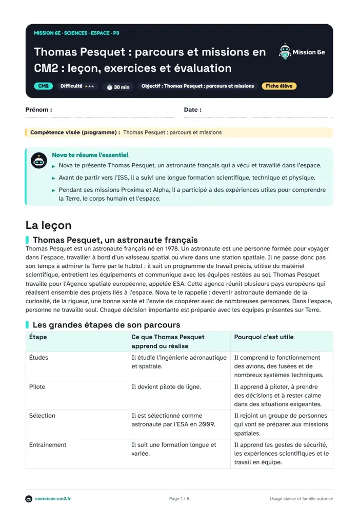 Aperçu du PDF à imprimer : Thomas Pesquet, parcours et missions en CM2 : leçon, exercices et évaluation