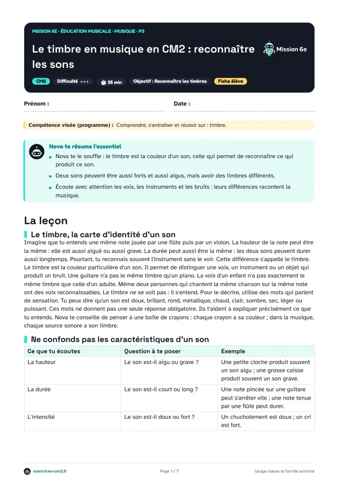 Aperçu du PDF à imprimer : Le timbre en musique en CM2 : reconnaître les sons