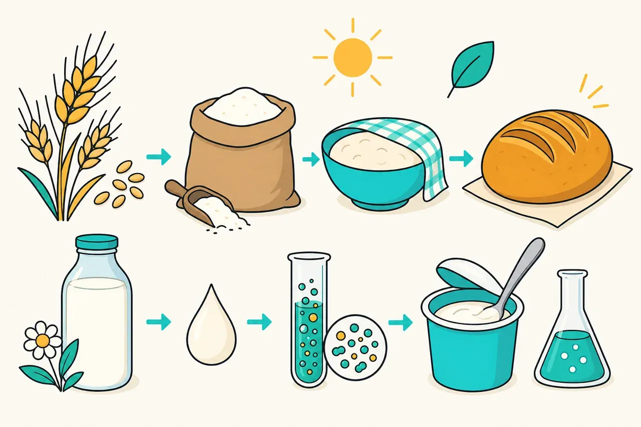 Production et transformation des aliments (pain, yaourt), illustration Mission 6e