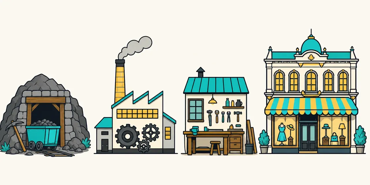 Le travail à la mine, à l'usine, à l'atelier, au grand magasin, illustration Mission 6e