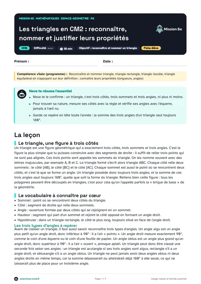 Aperçu du PDF à imprimer : Les triangles en CM2 : reconnaître, nommer et justifier leurs propriétés