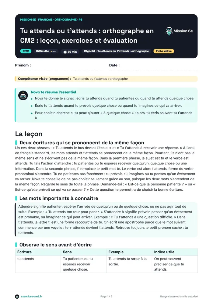 Aperçu du PDF à imprimer : Tu attends ou t'attends, orthographe en CM2 : leçon, exercices et évaluation