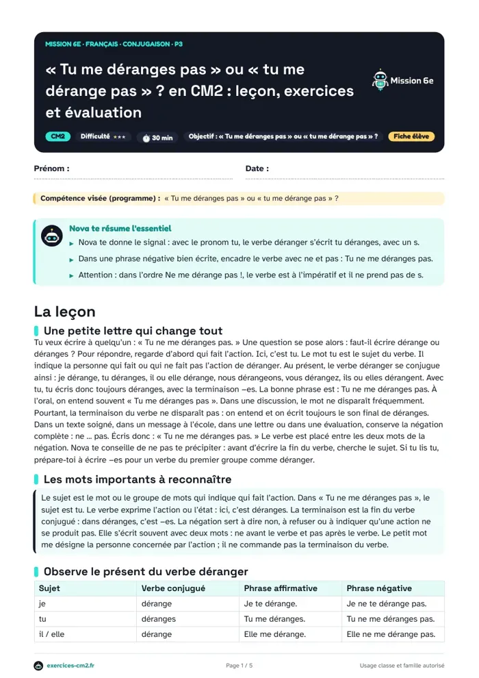 Aperçu du PDF à imprimer : « Tu me déranges pas » ou « tu me dérange pas » ? en CM2 : leçon, exercices et évaluation