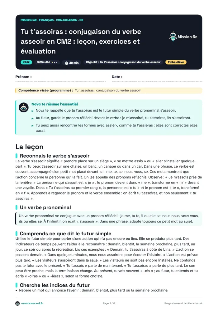 Aperçu du PDF à imprimer : Tu t'assoiras, conjugaison du verbe asseoir en CM2 : leçon, exercices et évaluation