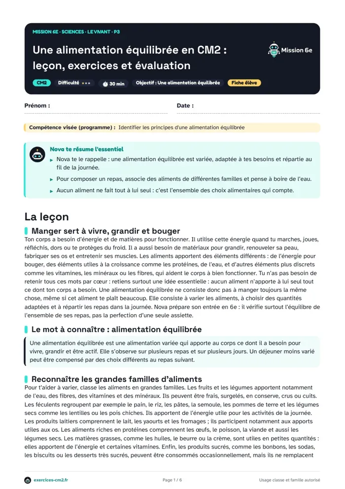 Aperçu du PDF à imprimer : Une alimentation équilibrée en CM2 : leçon, exercices et évaluation