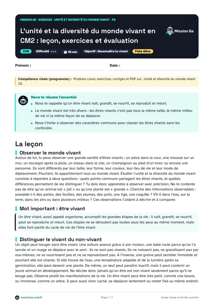 Aperçu du PDF à imprimer : L’unité et la diversité du monde vivant en CM2 : leçon, exercices et évaluation