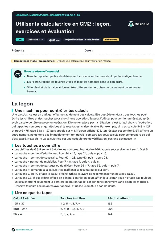 Aperçu du PDF à imprimer : Utiliser la calculatrice en CM2 : leçon, exercices et évaluation