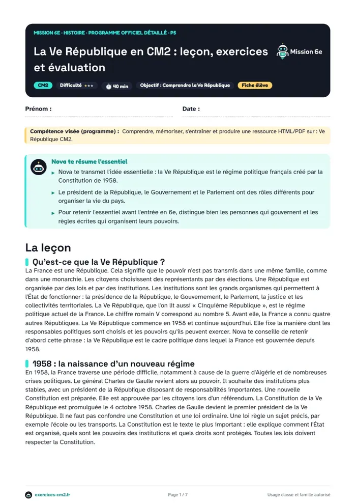 Aperçu du PDF à imprimer : La Ve République en CM2 : leçon, exercices et évaluation
