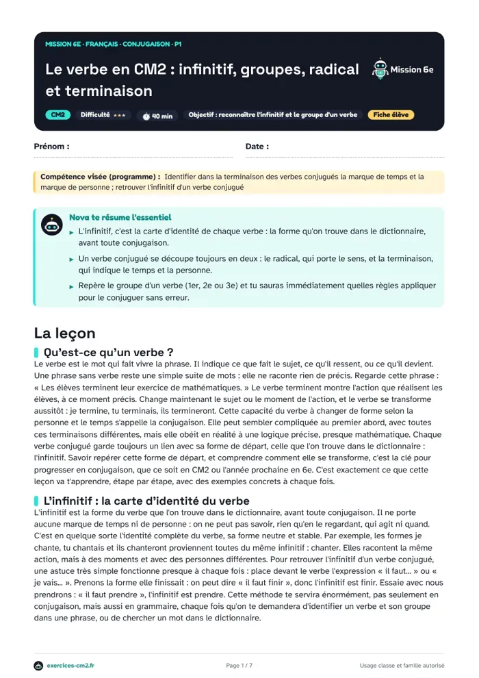Aperçu du PDF à imprimer : Le verbe en CM2 : infinitif, groupes, radical et terminaison