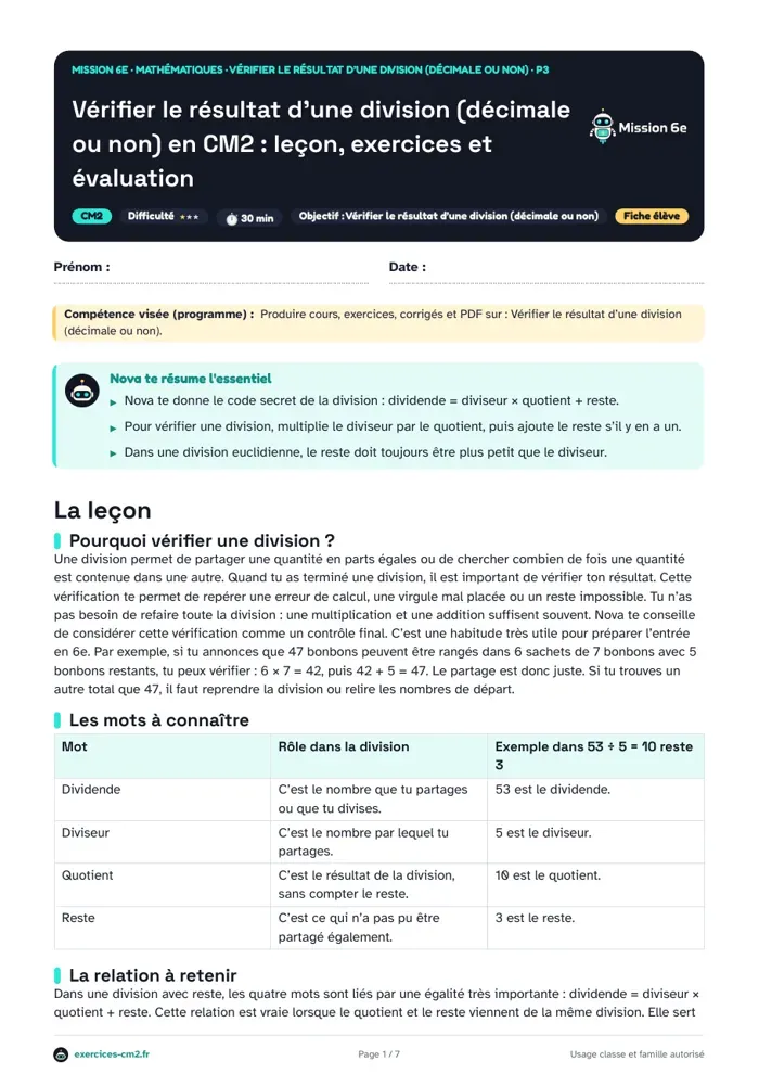 Aperçu du PDF à imprimer : Vérifier le résultat d’une division (décimale ou non) en CM2 : leçon, exercices et évaluation