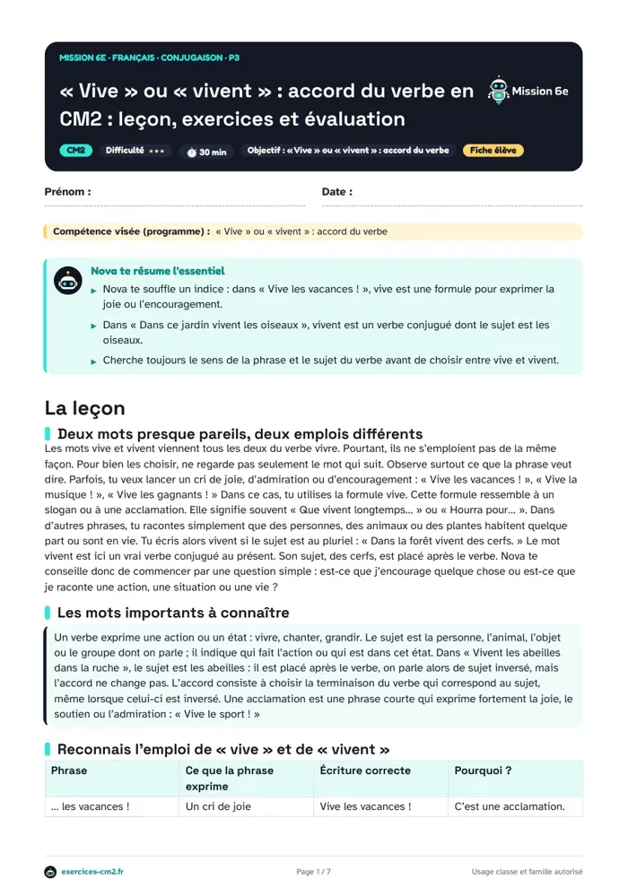Aperçu du PDF à imprimer : « Vive » ou « vivent » en CM2 : accord du verbe, leçon, exercices et évaluation