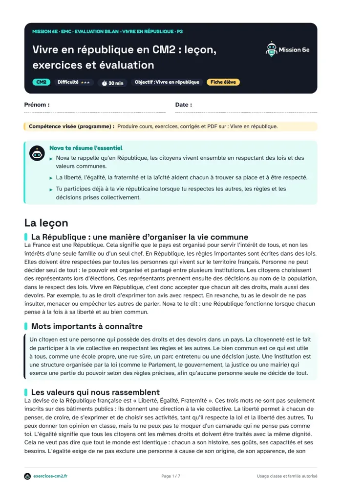 Aperçu du PDF à imprimer : Vivre en république en CM2 : leçon, exercices et évaluation