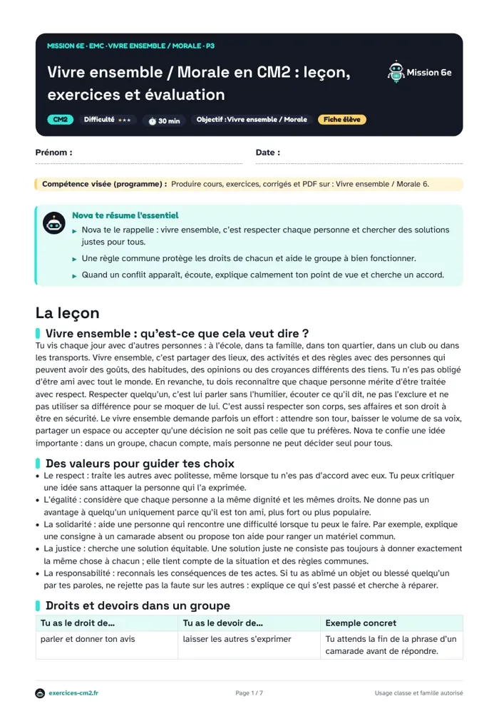Aperçu du PDF à imprimer : Vivre ensemble en CM2 : droits, devoirs, règles communes et conflits