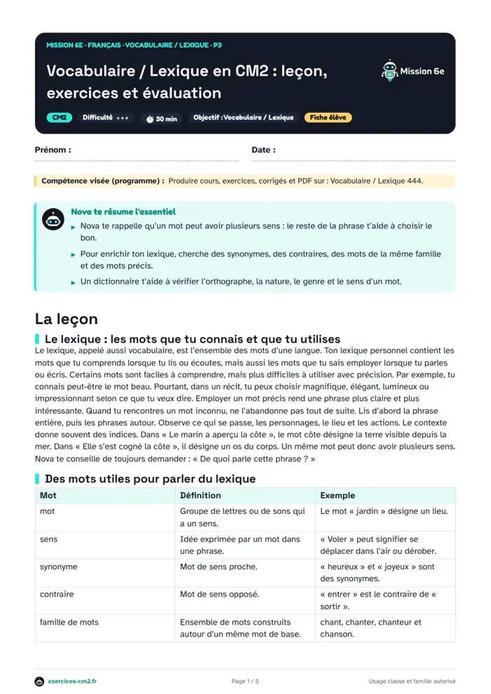 Aperçu du PDF à imprimer : Enrichir son vocabulaire en CM2 : synonymes, contraires, familles de mots