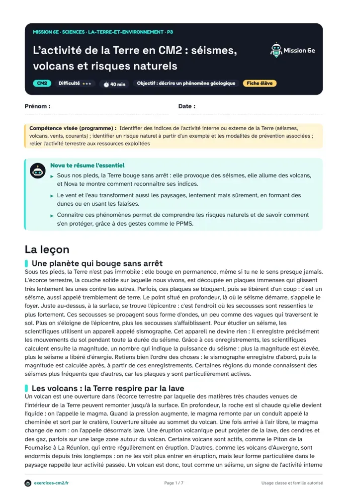 Aperçu du PDF à imprimer : Séismes, volcans et risques naturels en CM2 : comprendre l'activité de la Terre