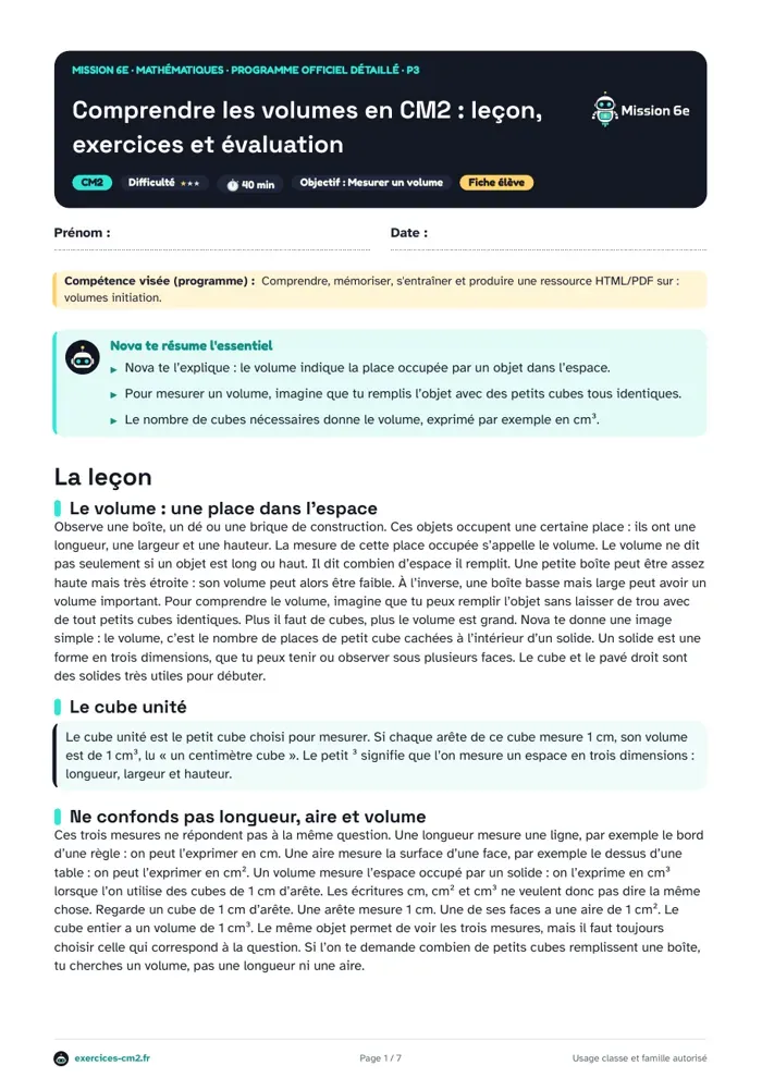 Aperçu du PDF à imprimer : Comprendre les volumes en CM2 : leçon, exercices et évaluation