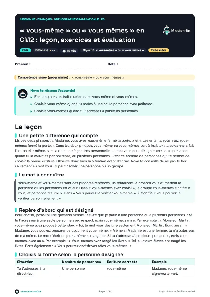 Aperçu du PDF à imprimer : « vous-même » ou « vous mêmes » en CM2 : leçon, exercices et évaluation