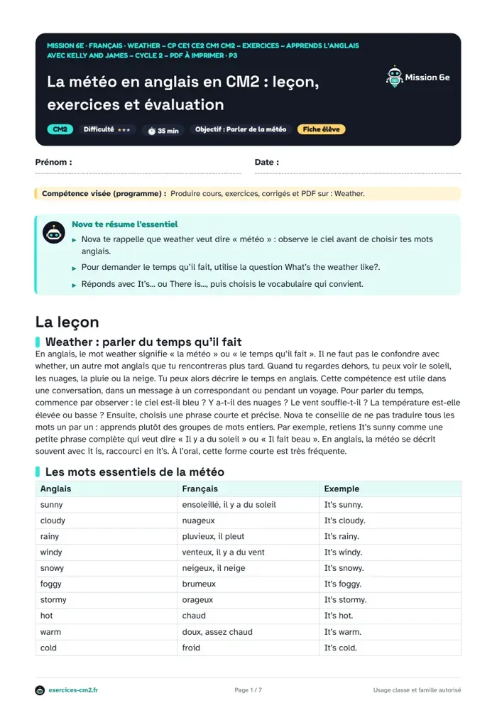 Aperçu du PDF à imprimer : La météo en anglais en CM2 : leçon, exercices et évaluation